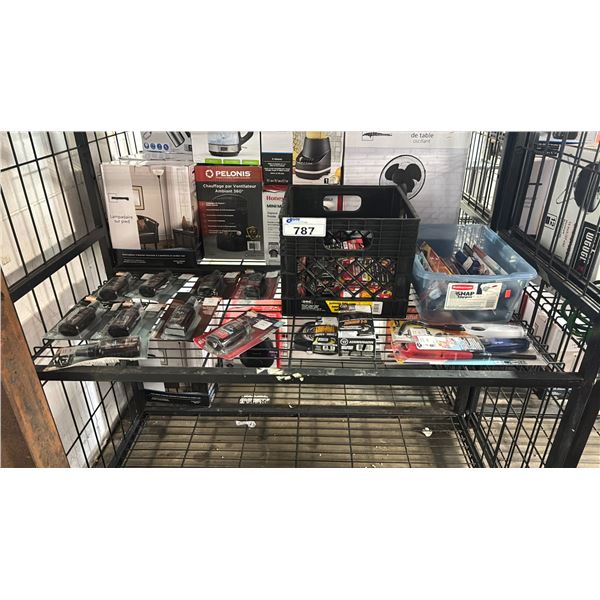 SHELF LOT OF BBQ LIGHTERS, ASSORTED PREDATOR ATTRACTANT SPRAYS, JUNIOR SKATE BLADE COVERS & JUNIOR