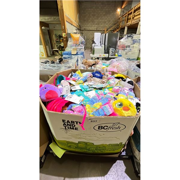 BIN OF ASSORTED NEW STUFFED TOYS & EASTER DECOR - RETAIL VALUE $2615.29