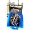 Image 2 : BIN OF SMALL HAND TOOLS, WORKLIGHT & BIN OF TOY TRAIN TRACKS WITH POWER CORD * BIN INCLUDED *