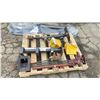 Image 1 : PALLET OF TIRE CHALKS, STEERING WHEEL WITH COLUMN, RATCHET WINCH & MORE
