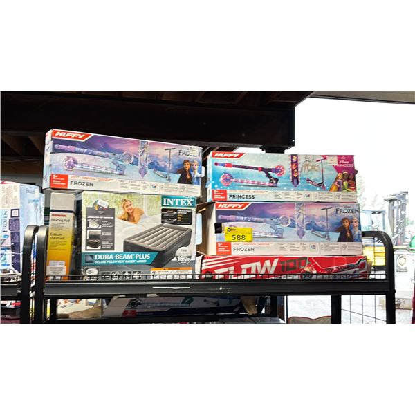 SHELF OF ASSORTED ITEMS INCLUDING; HUFFY FROZEN KIDS SCOOTERS, INTEX DURA-BEAM PLUS DELUXE PILLOW