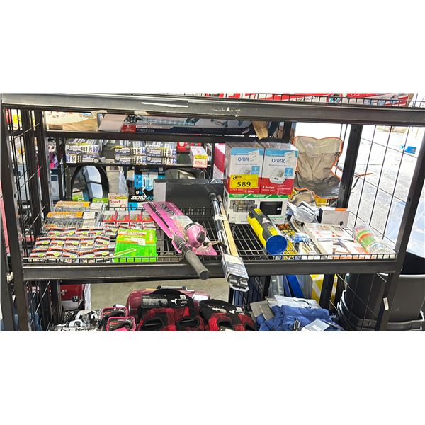 SHELF OF ASSORTED ITEMS INCLUDING; BLOOD PRESSURE MONITORS, FISHING SUPPLIES, DARTS & MORE