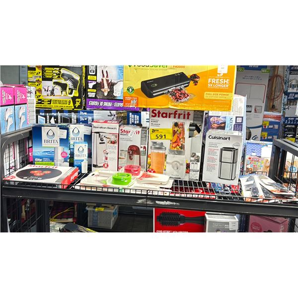 SHELF OF ASSORTED ITEMS INCLUDING; FOODSAVER VACUUM SEALER, BRITA FILTERS, CUISINART COFFEE GRINDER