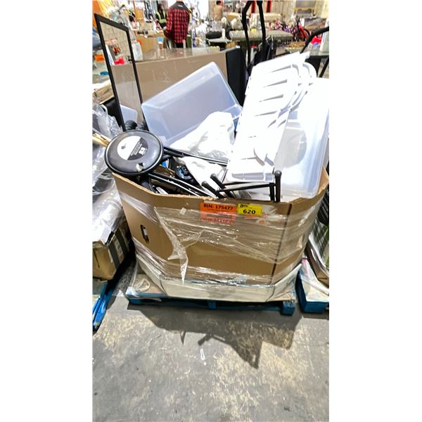 GAYLORD OF ASSORTED ITEMS INCLUDING; STOOLS, SHOPPING CARTS, TOTES & MORE