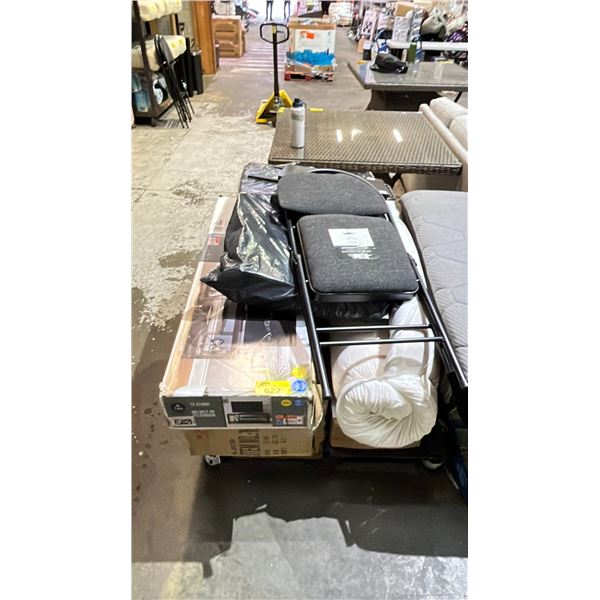 PALLET OF ASSORTED ITEMS INCLUDING; FOLDING CHAIR, TV STAND, BOOKCASE & MORE