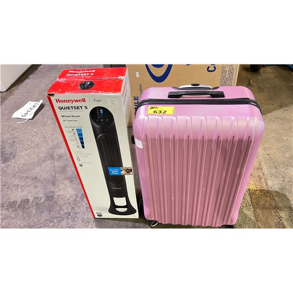 ONE HARD SHELL SUITCASE WITH ROLLING WHEELS AND COMBINATION LOCK COMBINATION UNKNOWN & HONEYWELL