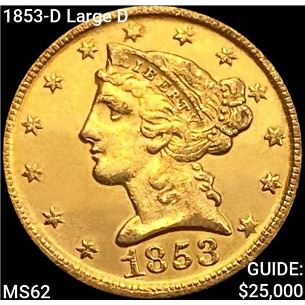 1853-D Large D $5 Gold Half Eagle UNCIRCULATED