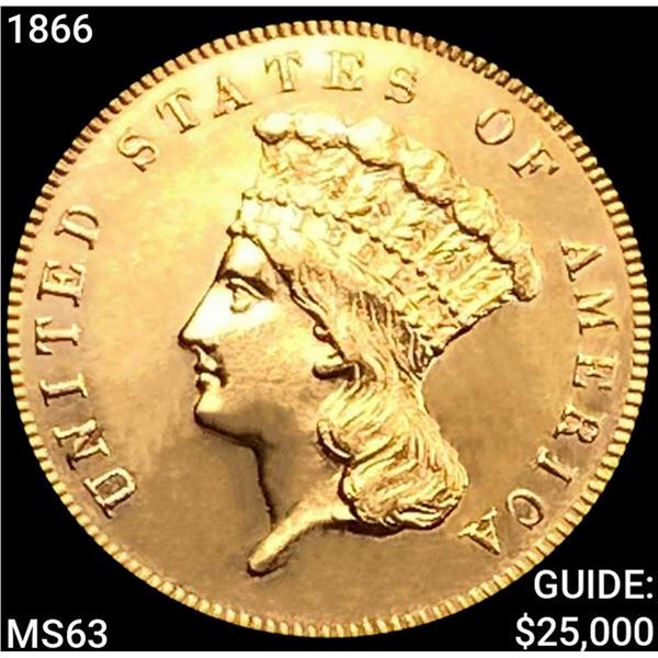 1866 $3 Gold Piece CHOICE BU