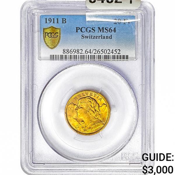 1911 B Switzerland .186oz Gold 20 Francs PCGS MS64
