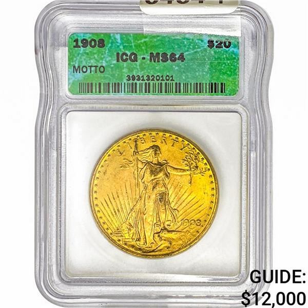 1908 $20 Gold Double Eagle ICG MS64 Motto