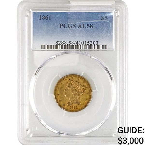 1861 $5 Gold Half Eagle PCGS AU58