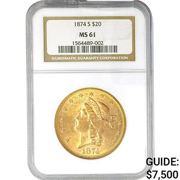 1874-S $20 Gold Double Eagle NGC MS61