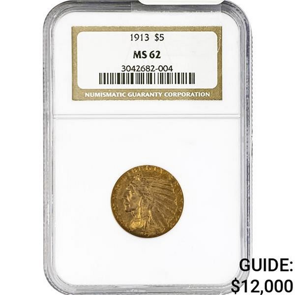 1913 $5 Gold Half Eagle NGC MS62