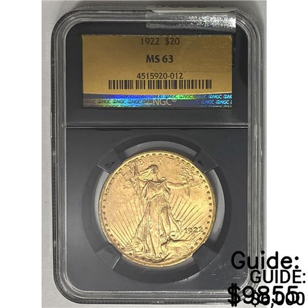1922 $20 Gold Double Eagle NGC MS63