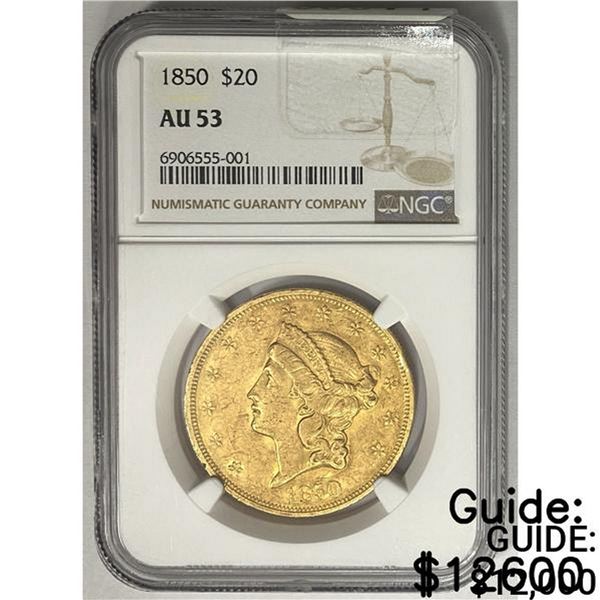 1850 $20 Gold Double Eagle NGC AU53