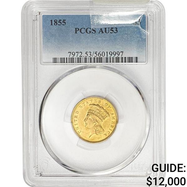 1855 $3 Gold Piece PCGS AU53