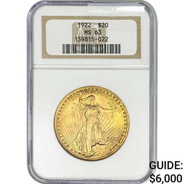 1922 $20 Gold Double Eagle NGC MS63