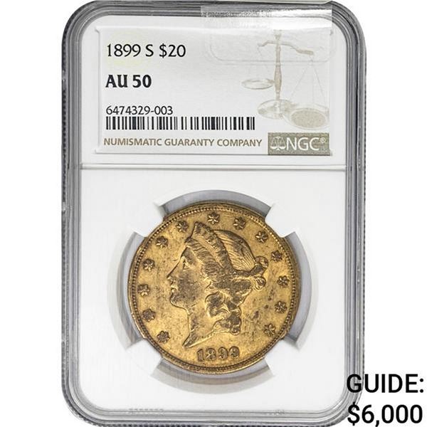 1899-S $20 Gold Double Eagle NGC AU50
