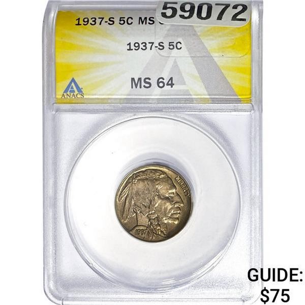 1937-S 5C ANACS MS64