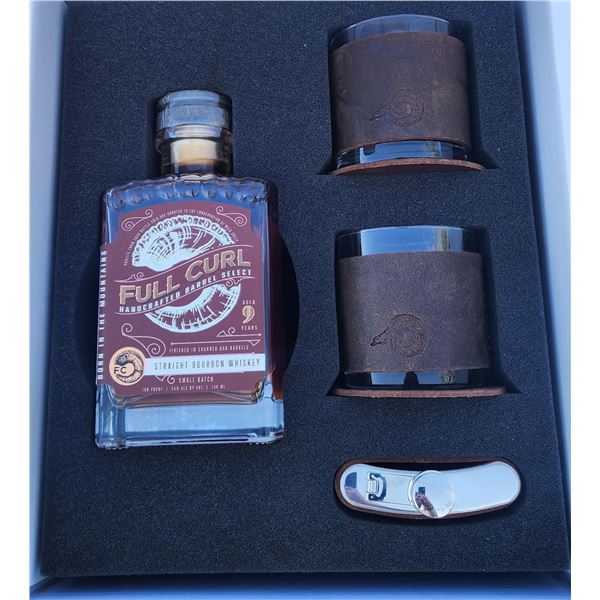 Full Curl 9 Year Bourbon Wiskey w/ 2 Leather Wrapped Glasses/Coaster & Leather Wrapped Flask