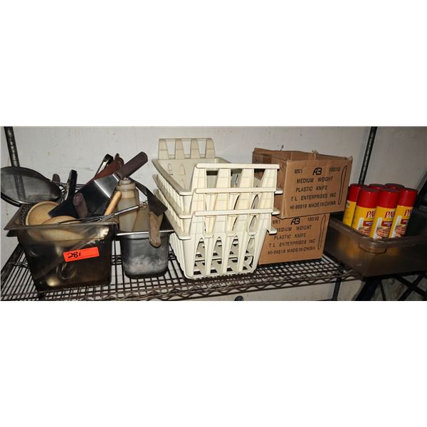 Multiple Plastic Baskets, Pam Spray, Utensils, Condiment Bottles, etc