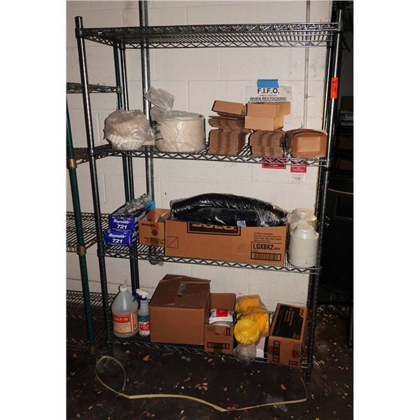 Metro Metal Shelving Unit 46" x 18" x 74"H & Contents: Plates & Take-Out Containers, Foil, Lids, etc