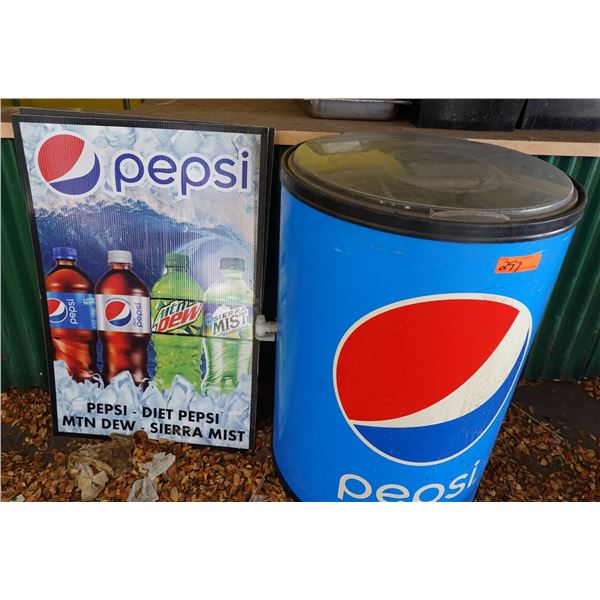 Pepsi Rolling Ice Barrel Beverage Cooler 22"Dia, 36"H & Promotional Sign