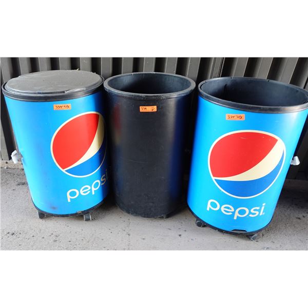 Qty 2 Pepsi & 1 Black Rolling Ice Barrel Beverage Coolers 22"Dia, 36"H
