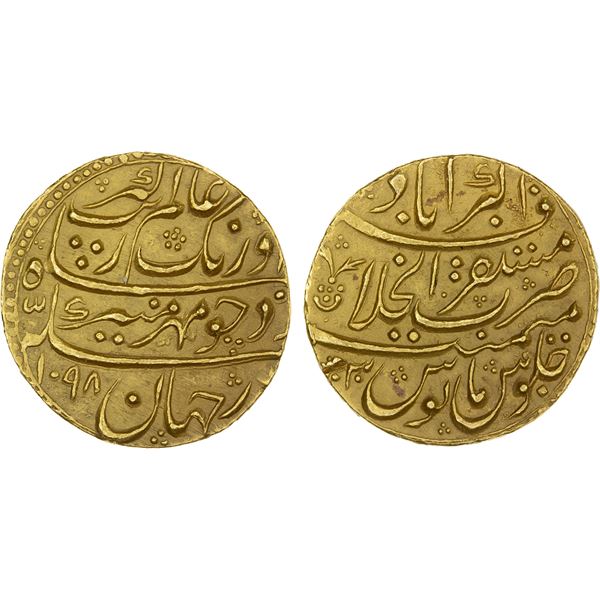 MUGHAL: Aurangzeb, 1658-1707, AV mohur (10.94g), Akbarabad (Patna), AH1098 year 30, XF