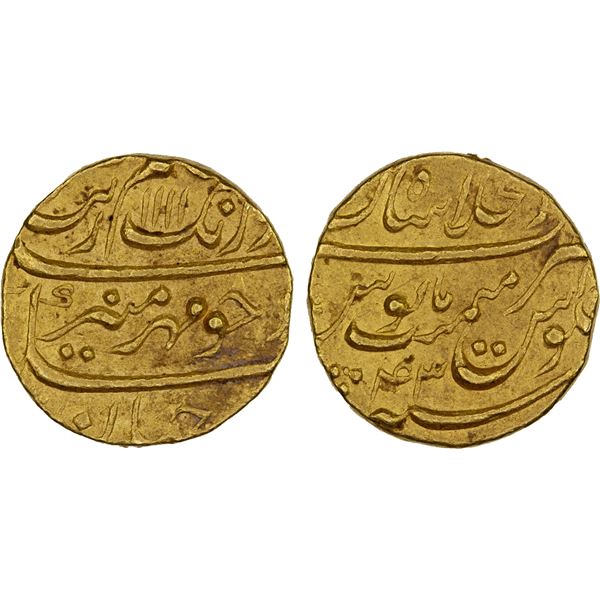 MUGHAL: Aurangzeb, 1658-1707, AV mohur (10.92g), Shahjahanabad (Delhi), AH1111 year 43, strong XF