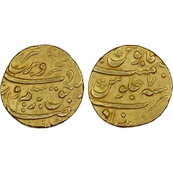 MUGHAL: Farrukhsiyar, 1713-1719, AV mohur (10.91g), Khujista Bunyad, year 7, bold VF