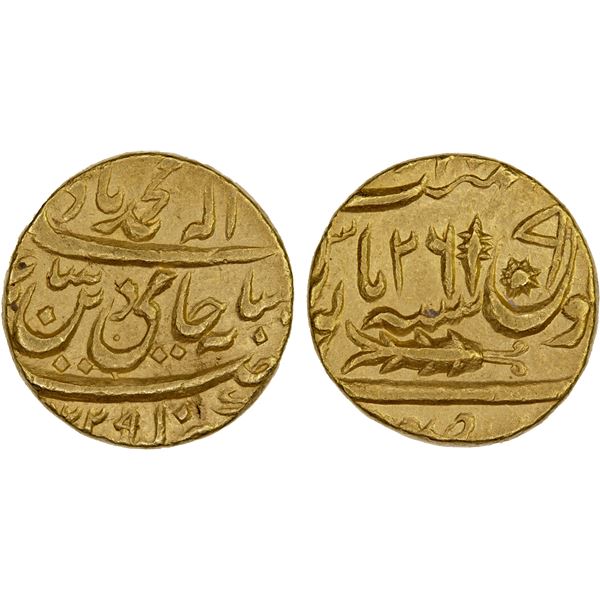 AWADH: temp. Brijis Qadir, 1857-1858, AV mohur (10.67g), Subah Awadh, AH1229 year 26, XF
