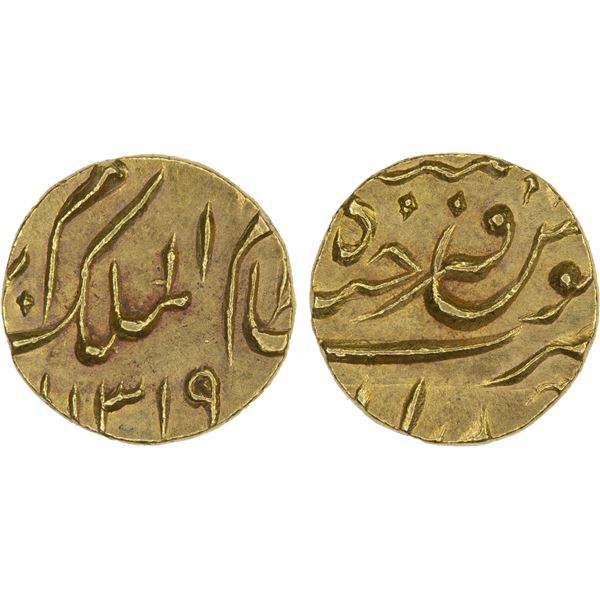 HYDERABAD: Mir Mahbub Ali Khan, 1869-1911, AV 1/4 ashrafi (2.8g), Farkhunda Bunyad, AH1319, Choice A