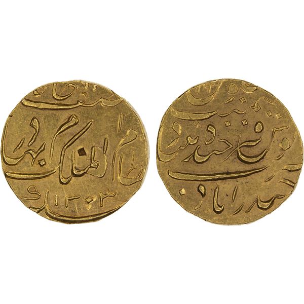 HYDERABAD: Mir Mahbub Ali Khan, 1869-1911, AV ashrafi (11.11g), Farkhunda Bunyad, AH1303, lustrous A