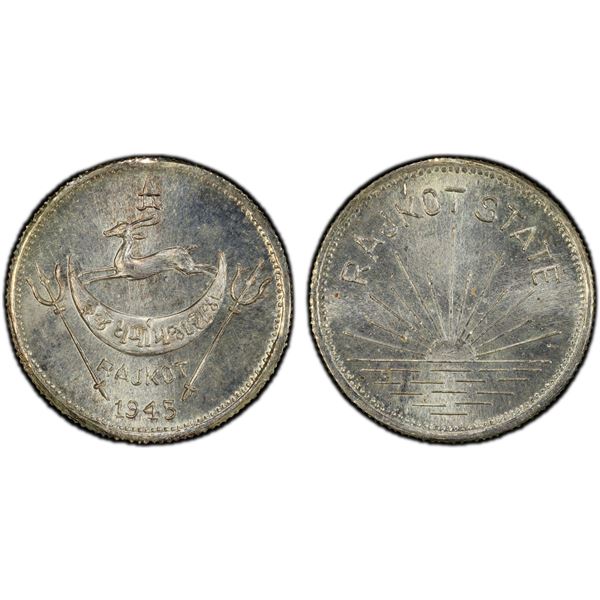 RAJKOT: Dharmendra Singh, 1930-1948, AR medallic mohur, 1945, PCGS MS66