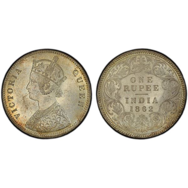 BRITISH INDIA: Victoria, Queen, 1837-1876, AR rupee, 1862(c), PCGS MS65