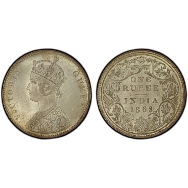 BRITISH INDIA: Victoria, Queen, 1837-1876, AR rupee, 1862(c), PCGS MS64