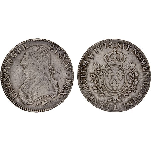 FRANCE: Louis XVI, 1774-1792, AR ecu, 1776-L, VF