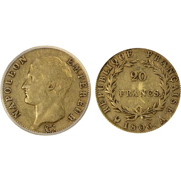 FRANCE: Napoleon I, as Emperor, 1804-1814, AV 20 francs, 1806-A, ICG F15