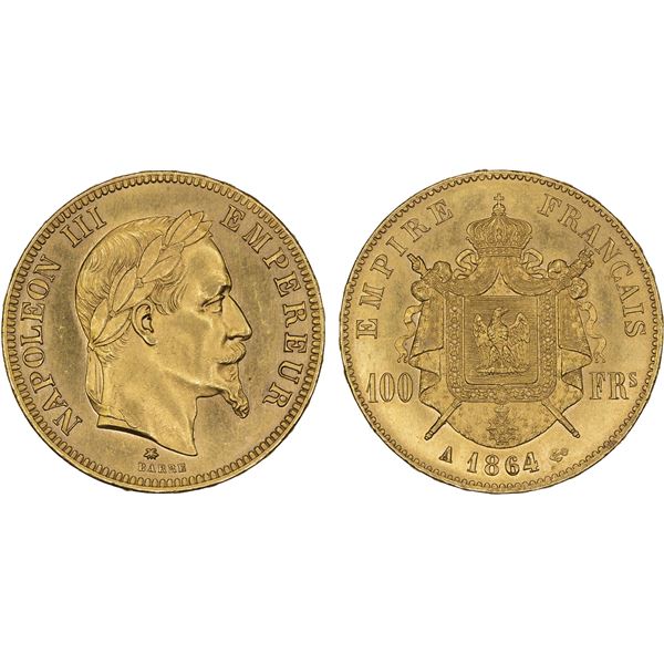 FRANCE: Napoleon III, 1852-1870, AV 100 francs, 1864-A, UNC