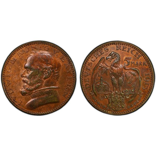 BAVARIA: Ludwig III, 1913-1918, AE 5 mark pattern, 1913, PCGS Specimen 58