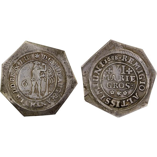 BRUNSWICK-WOLFENBÜTTEL: Rudolf August, 1666-1704, AR 6 mariengroschen (4.80g), Zellerfeld, 1688, VF