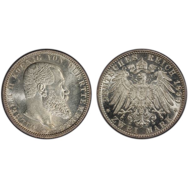 WÜRTTEMBERG: Wilhelm II, 1891-1918, AR 2 mark, 1899-F, PCGS MS62