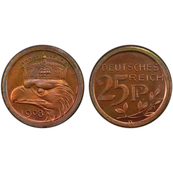 GERMANY: Kaiserreich, AE 25 pfennig, 1908-D, PCGS Specimen 65 RB