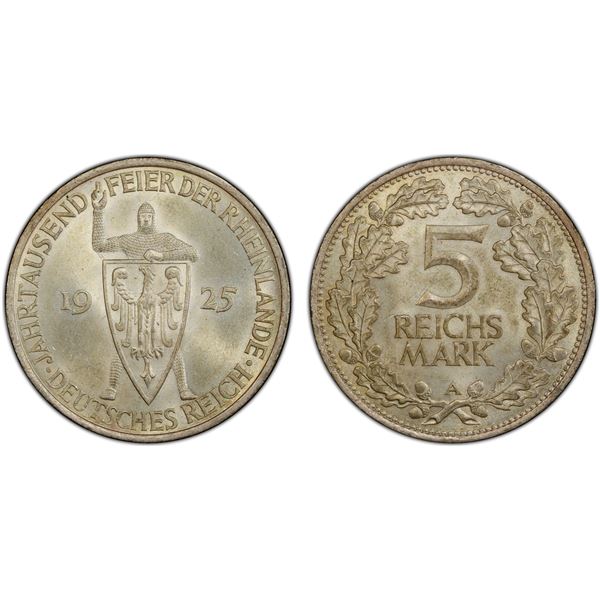 GERMANY: Weimar Republic, AR 5 reichsmark, Berlin, 1925-A, PCGS MS63