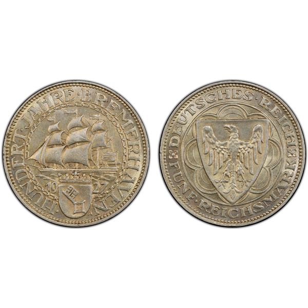 GERMANY: Weimar Republic, AR 5 reichsmark, Berlin, 1927-A, PCGS MS63