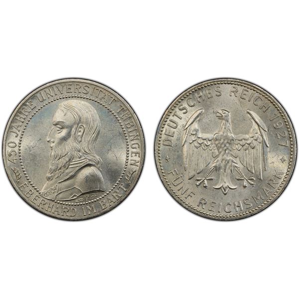 GERMANY: Weimar Republic, AR 5 reichsmark, Stuttgart, 1927-F, PCGS MS63