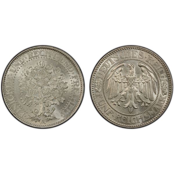 GERMANY: Weimar Republic, AR 5 reichsmark, Berlin, 1927-A, PCGS MS64