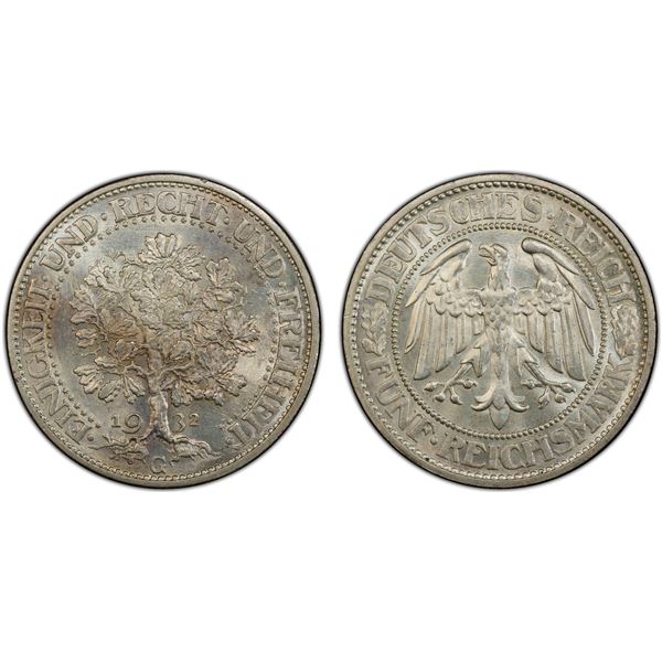 GERMANY: Weimar Republic, AR 5 reichsmark, Karlsruhe, 1929-G, PCGS MS65