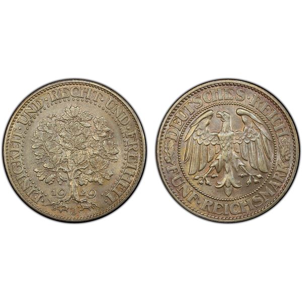 GERMANY: Weimar Republic, AR 5 reichsmark, Hamburg, 1929-J, PCGS MS63